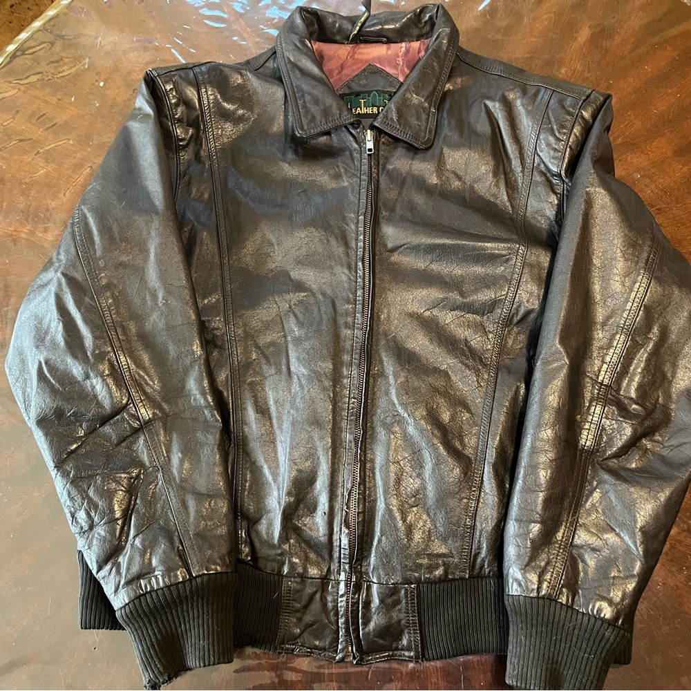 Men's Vintage Brown Leather Bomber Jacket Aviator Coat Size L Made In USA